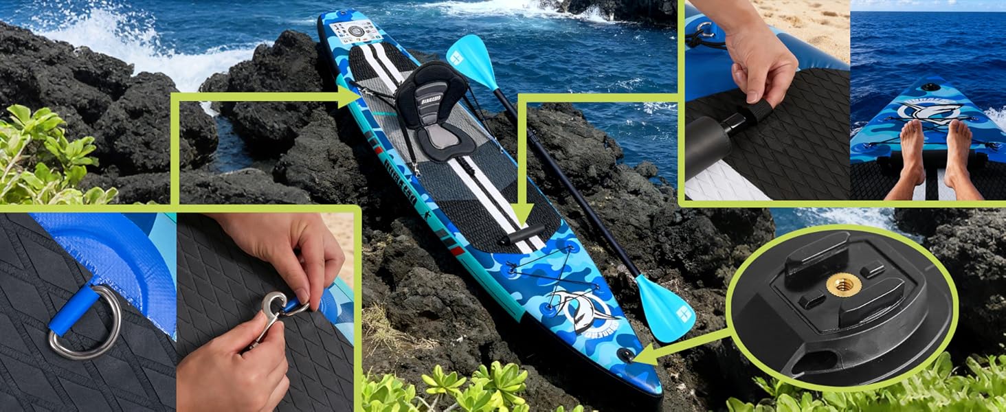 Надувне SUP-борд (Stand Up Paddle Board) з кріпленням для камери, 330x76x15 см, до 150 кг, насос, рюкзак (камуфляж, синій)