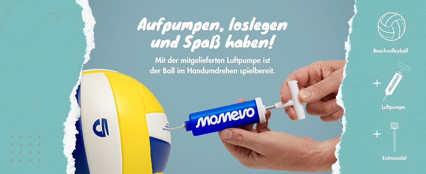 М'яч для волейболу Momevo на пляж, розмір 5, сертифікований DVV, м'яка поверхня, ідеальний для пляжного та пісочного спорту, у подарунчому наборі з насосом (блакитно-біло-жовтий)