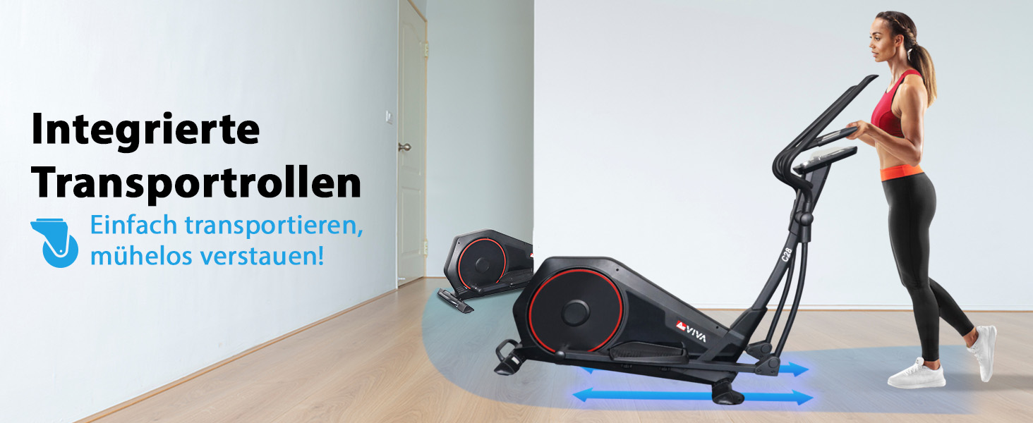 Еліптичний тренажер AsVIVA C28 Pro - 16 кг маховик, тихий ремінний привід, електричне регулювання опору, фітнес-комп'ютер, транспортні ролики