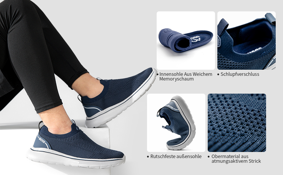 Чоловічі кросівки без шнурівків Slip-on, сітка, дихаючі, легкі, для бігу та спорту, комфортні, outdoor, джогінги, 44 EU, темно-синій