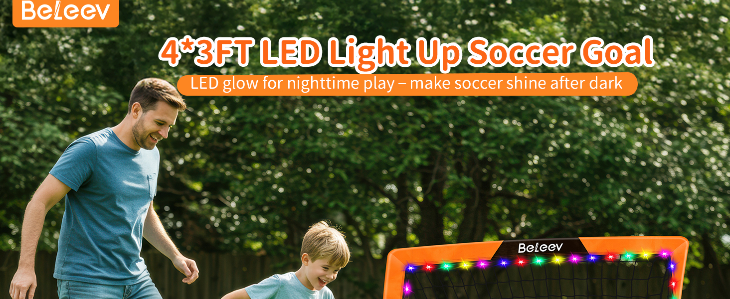 Дитячі футбольні ворота BELEEV для гри в саду та в приміщенні, 4x3/6x4 ft, з LED-підсвічуванням, портативні, складані, комплект з 2 шт., 120*90 см