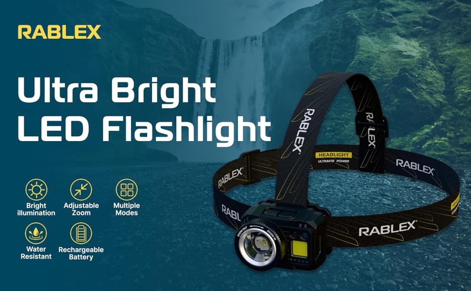 RABLEX RB658 LED-ліхтар на голову, 550 люмен, перезарядна козялка з 7 режимами, червоне світло, датчик, USB, IPX6, водонепроникний, компактний, для кемпінгу та походів