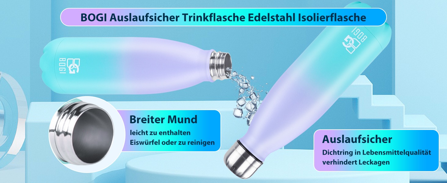 BOGI Ізольована пляшка для води, металева, не протікає, з нержавіючої сталі, 750 мл, з щіткою для чищення, для дівчаток та хлопчиків