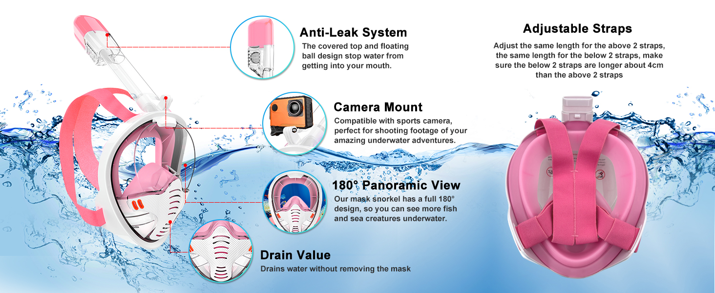 Маска для підводного плавання AKOFIC Дорослі діти Повнолицева маска, Маска для дайвінгу з оглядом 180 градусів Повна маска для обличчя Сумісні зі спортивними камерами, Герметична маска для дайвінгу Повна маска для обличчя, Маска для підводного плавання проти запотівання (рожева, S/M)