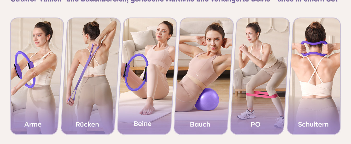 Набір для пілатесу 13 шт: кільце 13', фітбол 10' та еластичні стрічки для жінок. Комплект обладнання для пілатесу для початківців, фітнес-стрічки та аксесуари. Violett