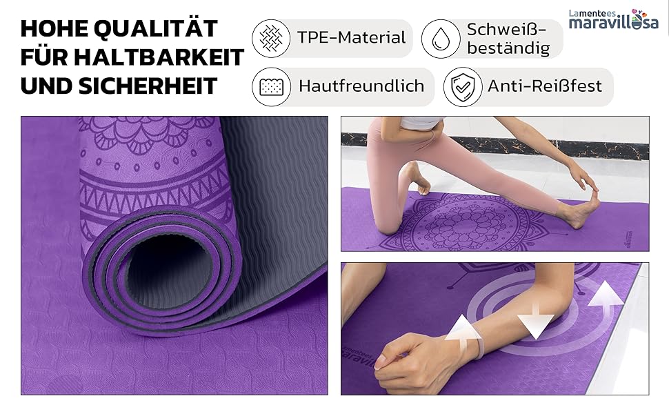 Килимок для гімнастики та йоги з неслизьким покриттям, з сумкою та E-book, 183x61 см, Мандала, фіолетовий + чорний