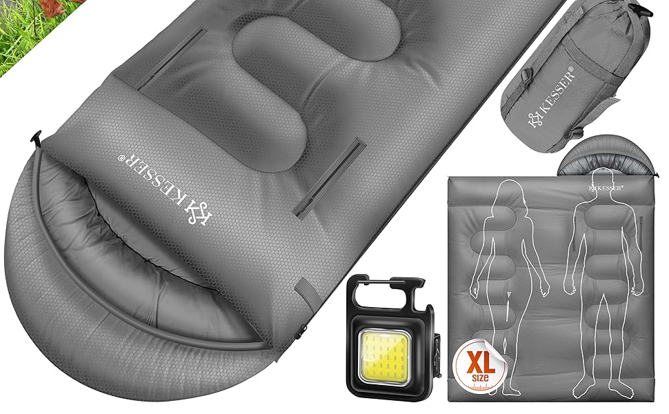 Сплячий мішок KESSER® Outdoor | Декальний спальний мішок 3-4 сезони | Для дорослих та дітей | Легкий, теплий, водостійкий | З лампою та кишенею (Сірий, 220 x 83 см)
