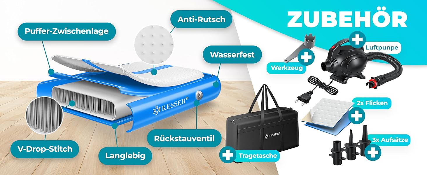 Надувна гімнастична мата KESSER® Airtrack: 2м/3м/4м/5м/6м. Мата для фітнесу, йоги, акробатики. В комплекті сумка та електронасос. Розмір: 300 x 100 x 10 см. Колір: м'ятно-зелений
