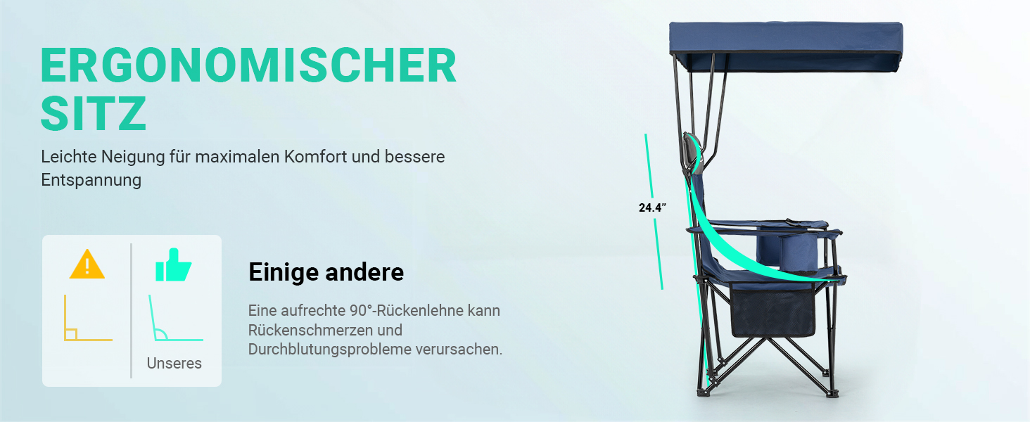 Крісло для кемпінгу OVERMONT складне з сонцезахисним дахом - пляжне крісло, складне з тримачем для напоїв та сумкою-холодильником - шезлонг з дахом для відпочинку на природі, риболовлі, саду (Blaugrau)