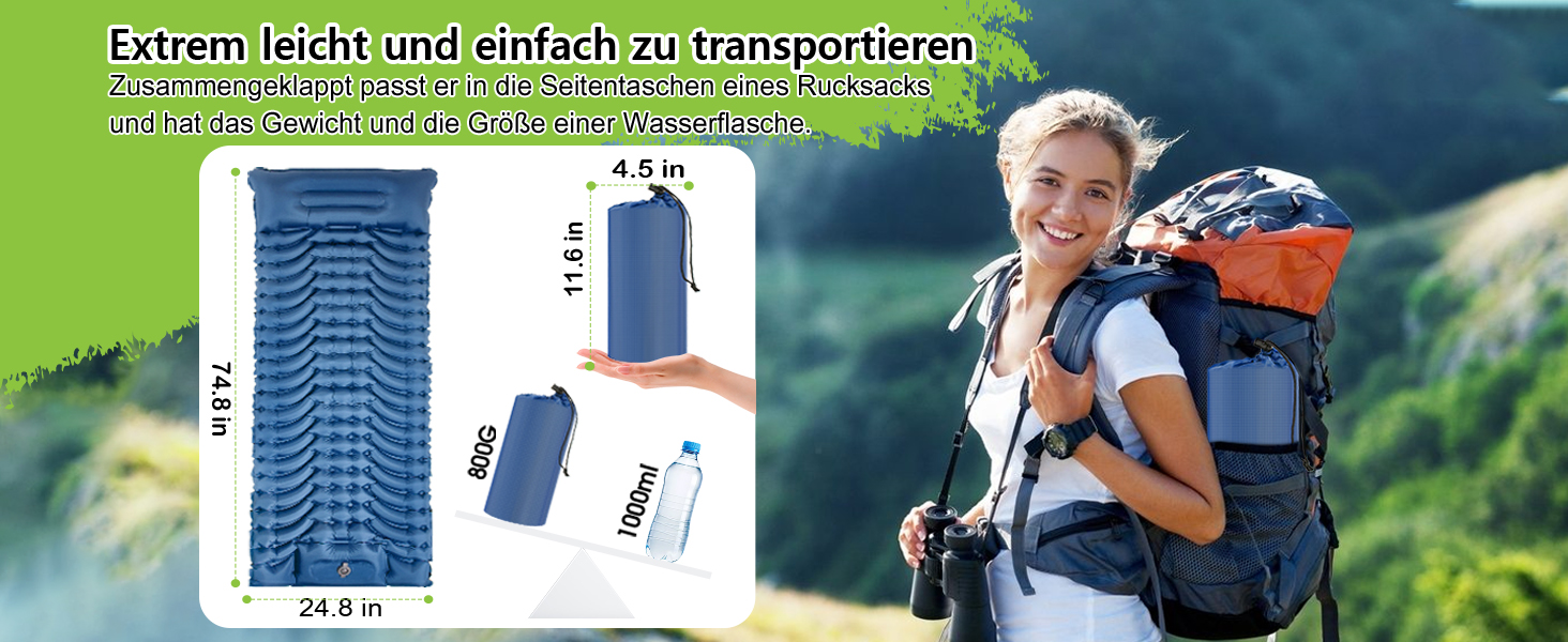 Килимок для кемпінгу MEIJO Isomatte самонадувний, ультралегкий з насосом, товстий для відпочинку на природі, намету, пляжу, блакитний & сірий