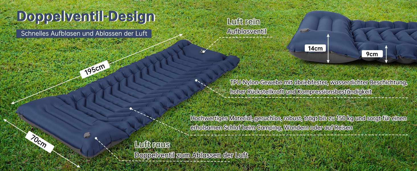 Килимок для кемпінгу Hausprofi Isomatte: ультралегкий надувний матрац з насосом та подушкою для відпочинку на природі