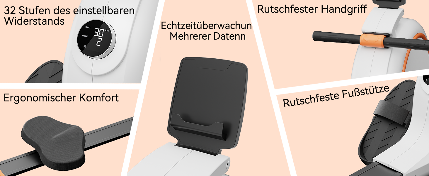 Гребний тренажер для дому з магнітним опором, 32 рівні, 136 кг, сумісність з додатком, LCD-дисплей, білий-помаранчевий