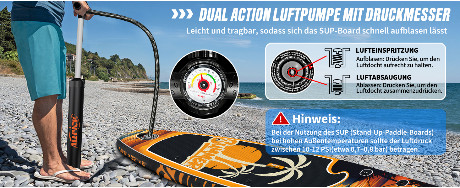 Набір SUP-дошки ALLPICK Premium: надувна дошка для сапсерфінгу з кріпленням для камери, повний комплект аксесуарів, регульоване весло, для початківців та досвідчених, 200 кг (Колір: Захід сонця - Оранжевий)