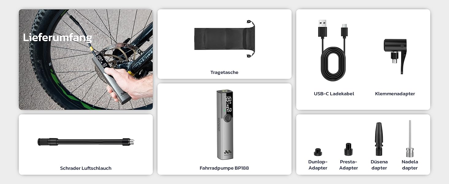 Електрична велосипедна помпа Woowind Ventus Ride: 150 PSI, 10.3 Bar, універсальні клапани (Presta, Schrader, Dunlop)