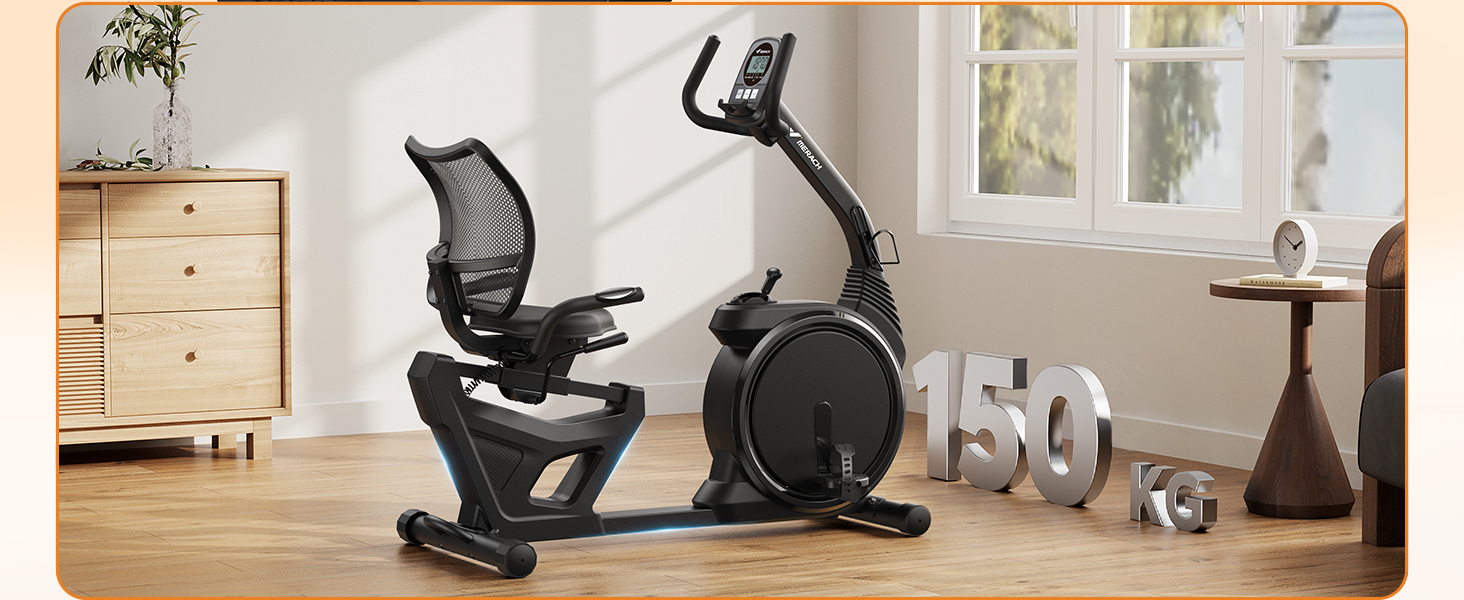 Велотренажер MERACH Liegeergometer для дому з 8 рівнями регулювання опору, легкий, з Bluetooth, LCD-дисплеєм та датчиками серцевого ритму, чорний