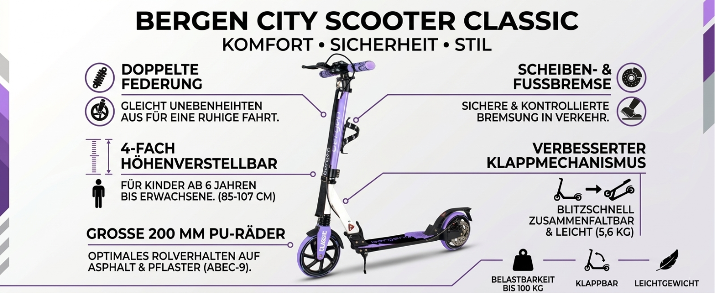 Самокат міський Bergen City Scooter Classic складаний - 200 мм колеса, дискове та ножне гальмо, 2 амортизатори, алюмінієвий, регульована висота, для дітей від 6 років та дорослих до 100 кг, фіолетовий