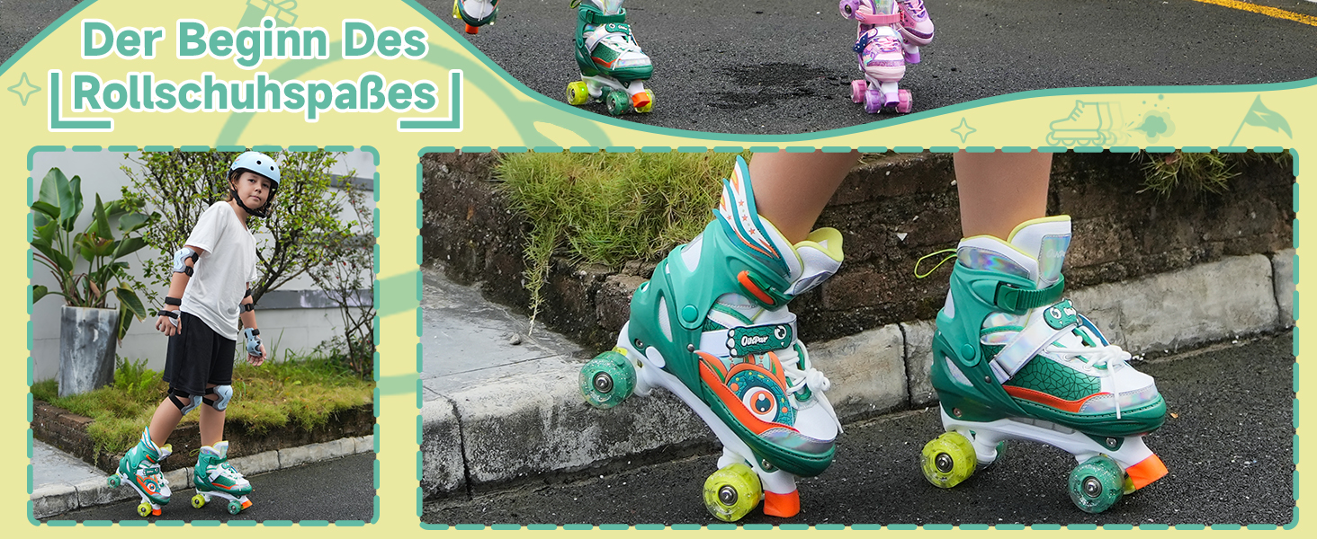 Дитячі ролики Quad Roller Skates з підсвічуванням коліс, регульовані по розміру, зелені (32-35)
