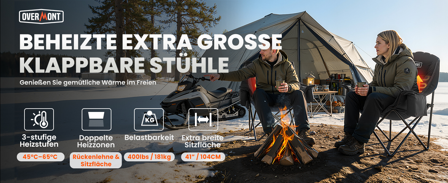Овермонт: Обігрівальний XL стілець для кемпінгу, дорослий – складаний стілець, ідеальний для зимових походів, кемпінгу та риболовлі (Чорно-сірий)