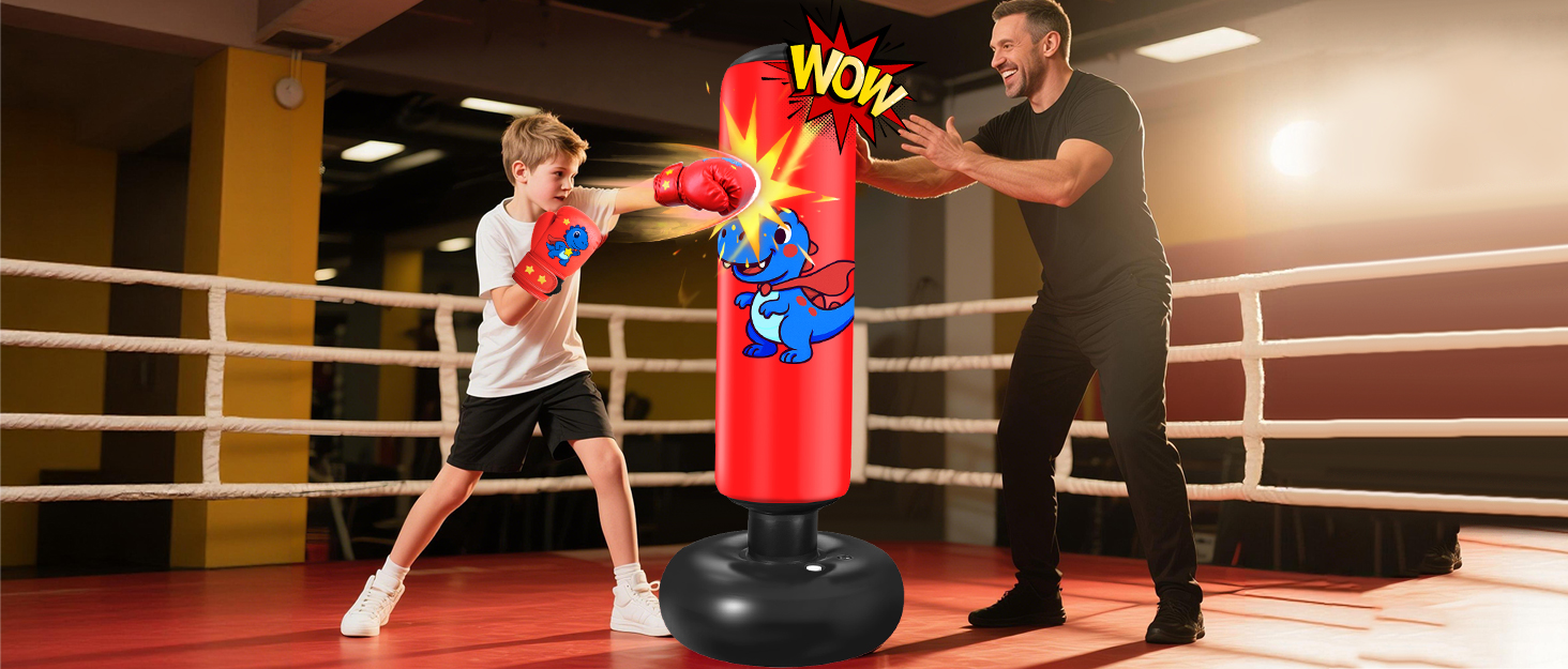 Боксерський мішок надувний для дітей 168 см з рукавичками та насосом, блакитний, з мотивом бійця, для дому, 5-12 років, для Karate та Taekwondo