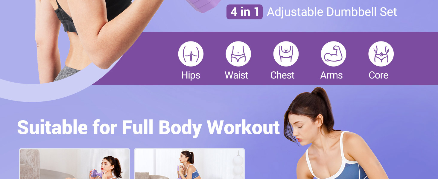 Набір гантелей Yoleo регульовані 2/4 шт. для дому, 2 кг, 3 кг, 4 кг, 5 кг, з м'яким TPR-покриттям, фіолетовий