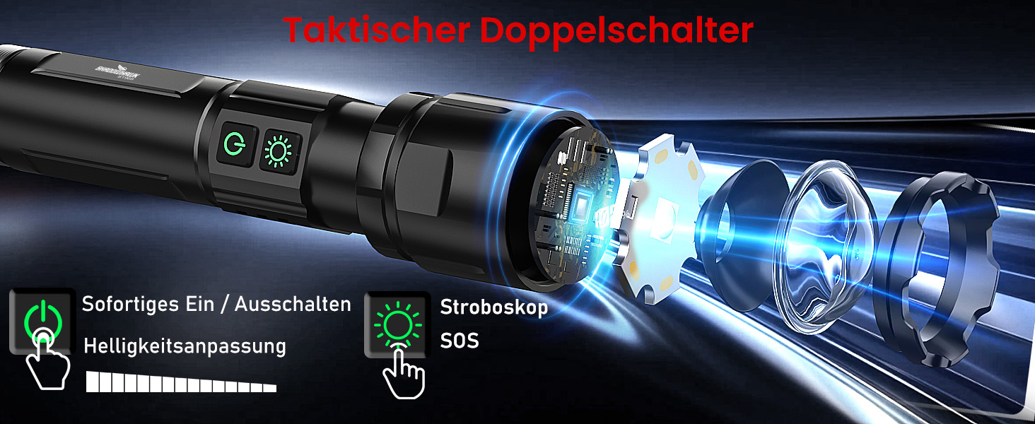 Ліхтарик Shadowhawk LED акумуляторний 2 шт. | Тактичний ліхтарик (2 вимикачі) 500000 люмен, до 1000 м, 12 годин роботи, для кемпінгу/походу/відпочинку на природі, регульована яскравість, чорний