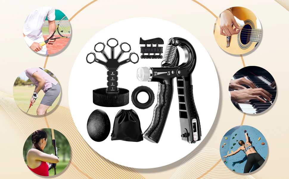 Набір для тренування рук Aurivee (6 шт.) - тренажер сили хвата, п'ятипальцевий тренажер, кільце для тренувань та м'яч для зняття стресу з сумкою
