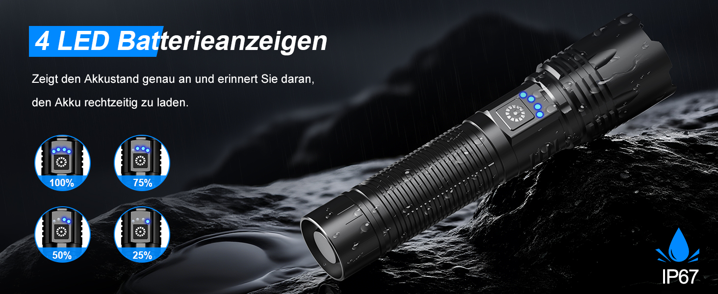 Тактичний ліхтарик LED 50000 люмен, USB-C, 24 години роботи, Zoom, 5 режимів, IP67, водонепроникний, для кемпінгу та туризму, чорний