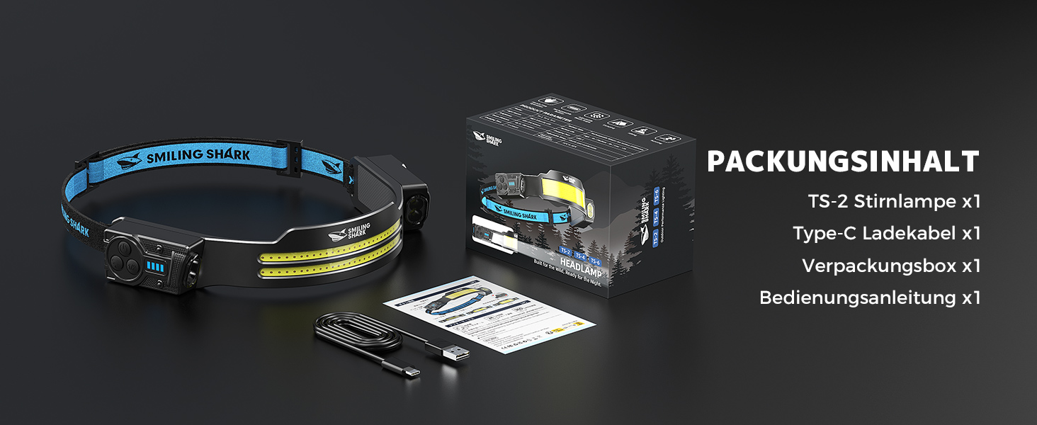 Ліхтар на лоб Smiling Shark TS-2, LED, акумуляторний, 2400mAh, з регульованим двома променями, стробоскопом та датчиком руху. Ідеально для кемпінгу, бігу, походів та інших активностей. (1 шт.)