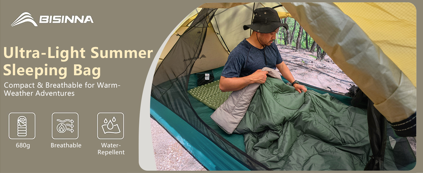 Спальний мішок BISINNA літній, ультралегкий (190x75 см), 680 г, тихий, компактний (27x15 см) для кемпінгу, фестивалів, гостей