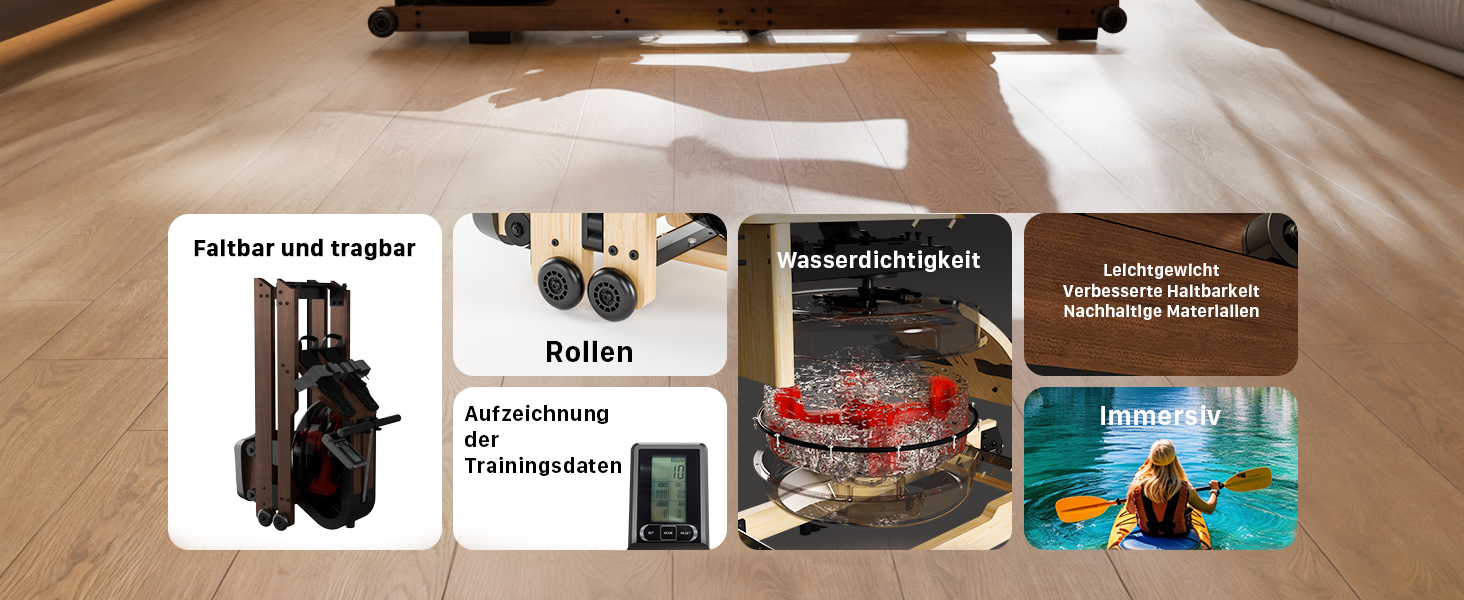 Гребний тренажер Aeriflo W200: Складний дерев'яний тренажер для дому з Bluetooth монітором та зручним сидінням