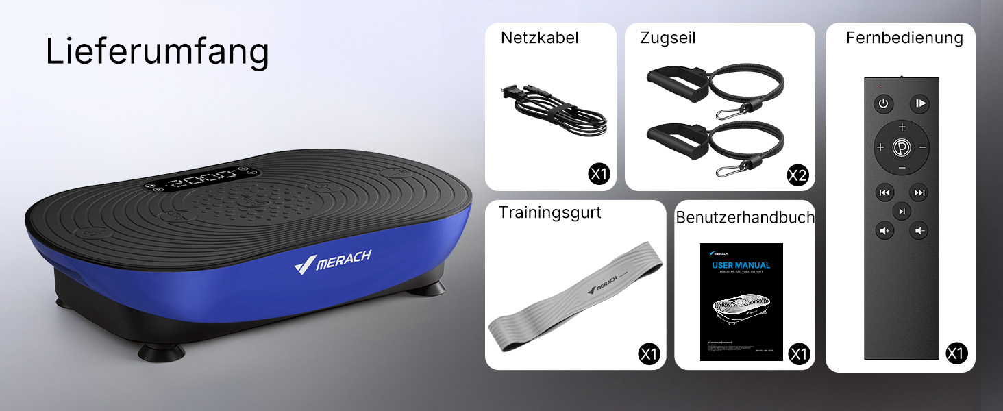 Вібраційна платформа MERACH для тренувань та формування тіла, 99 рівнів швидкості, Bluetooth-динамік, LED-сенсорний екран, еластичні шнури (блакитна)