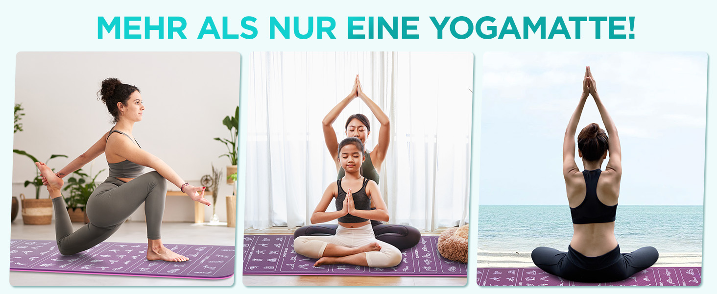 Килимок для йоги Sportmatte – 70 з друкованими позами йоги, неслизький матеріал TPE, для гімнастики, пілатесу, дому та подорожей, фітнес килимок для жінок та чоловіків, 181x63x0,6 см, рожевий та фіолетовий