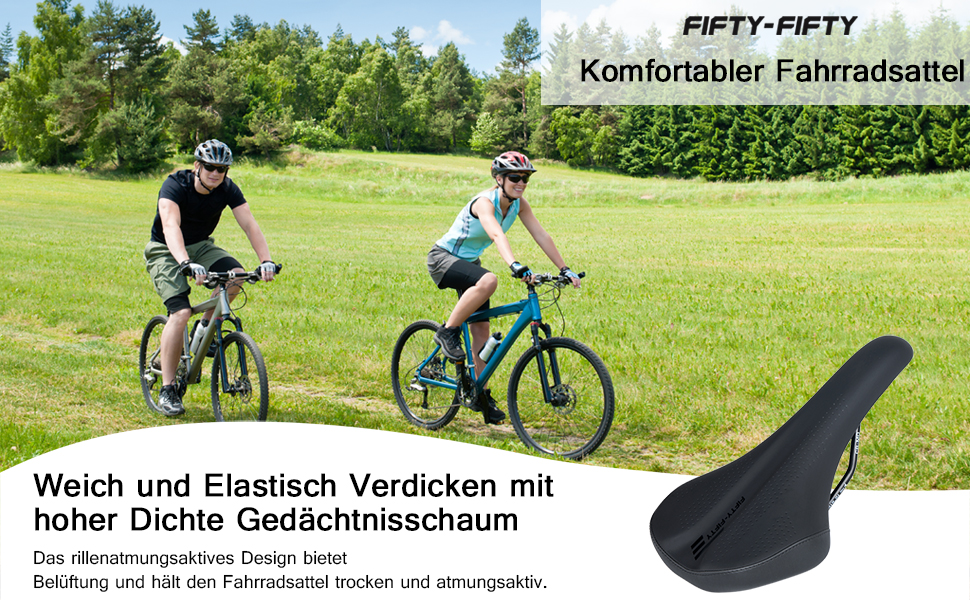 Велосипедне сідло FIFTY-FIFTY MTB: комфортне, з memory foam, водонепроникне для чоловіків та жінок. Сумісне з MTB та шосейними велосипедами