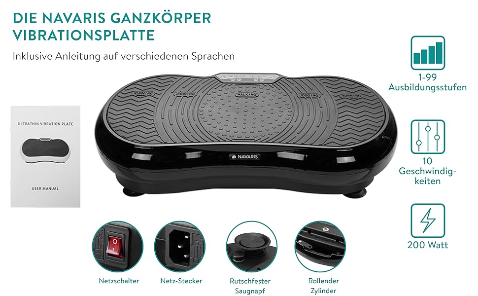 Платформа вібрації Navaris для всього тіла - тренажер для дому, фітнес-платформа для пресу, ніг та сідниць - спортивний тренажер з гумками