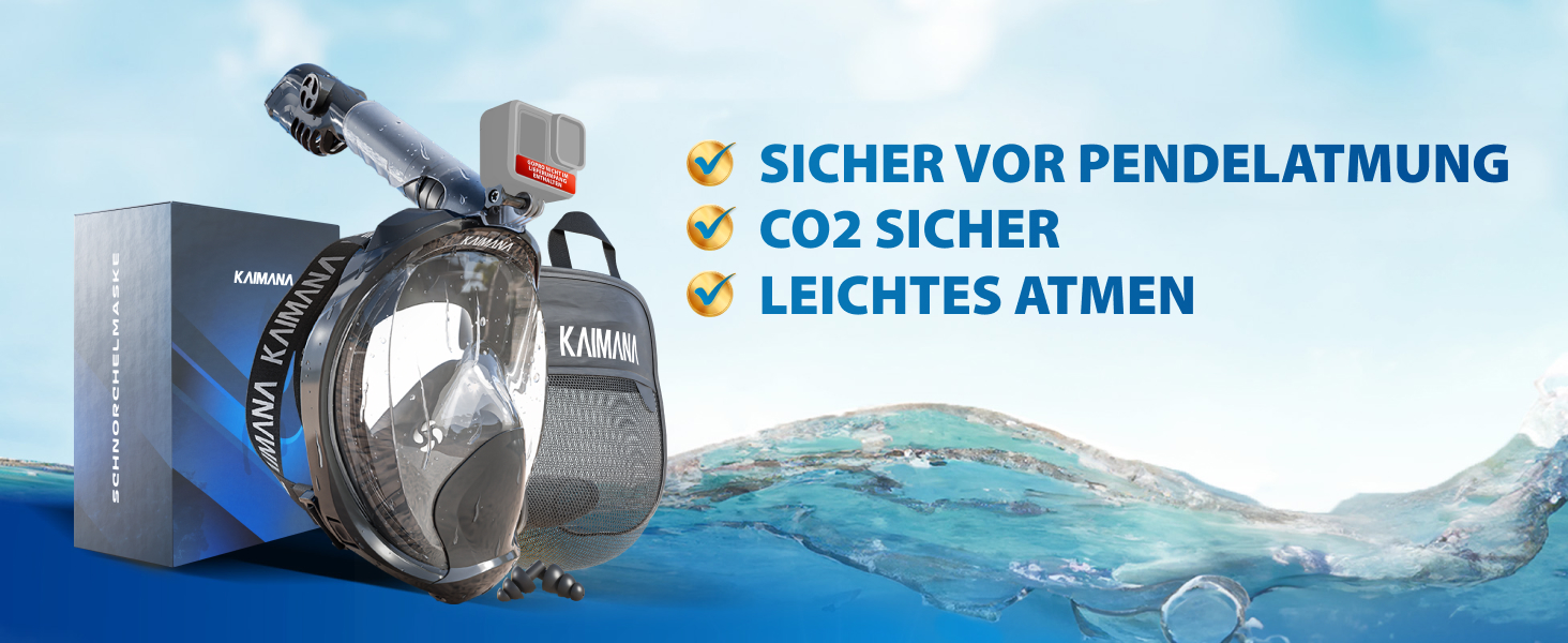Маска для снорклінгу KAIMANA® для дорослих та дітей: повне обличчя, безпечна від CO2, чорна + сумка