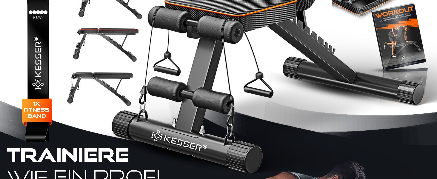 Складана тренувальна лава KESSER® з регульованою спинкою, 500 кг, для фітнесу та силових тренувань | Чорний / Помаранчевий