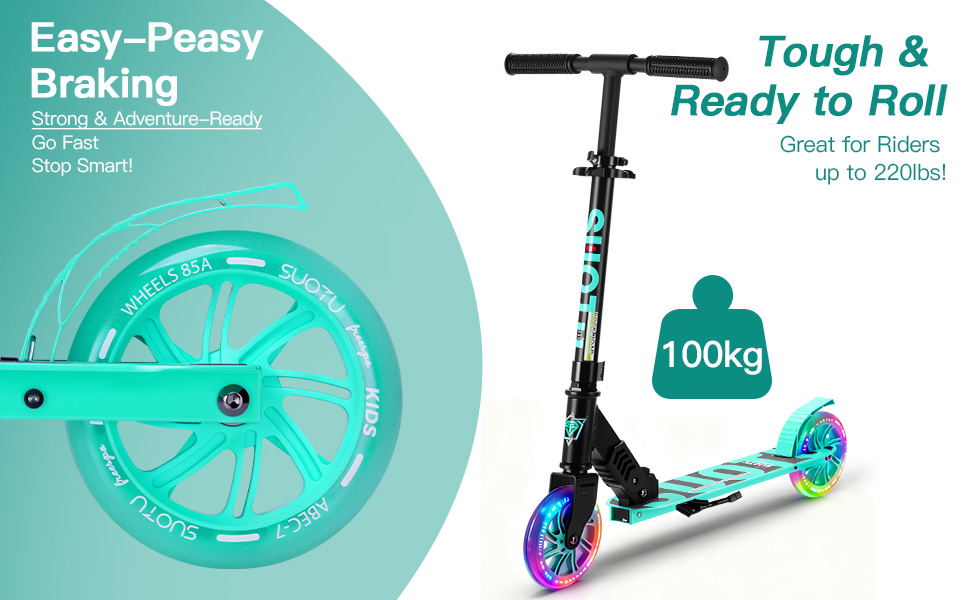 Самокат дитячий SUOTU з колесами 145 мм, до 100 кг, світлодіоди, складаний, регульована висота, для хлопчиків та дівчаток, алюмінієвий (Чорно-синій)