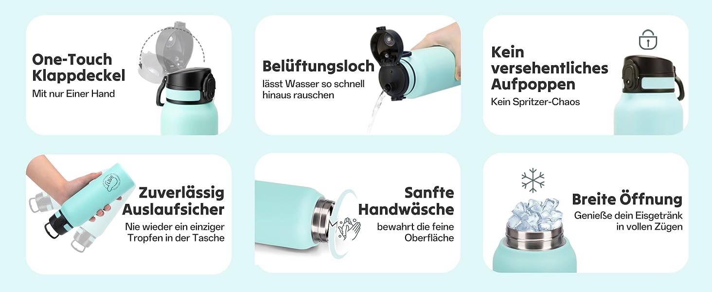 Термос-пляшка UZSPACE 1л (970мл) з нержавіючої сталі, ізольована, з 1-кліком відкриття, без витоків, для спорту, фітнесу, туризму, зеленого кольору