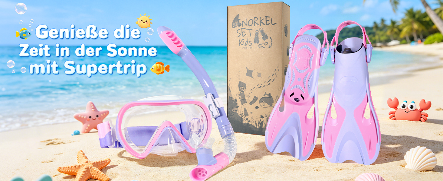 Набір для снорклінгу Supertrip SeaBlue L/XL (32-36 EU) для дітей: маска з панорамним оглядом 180°, ласти, трубка з клапаном
