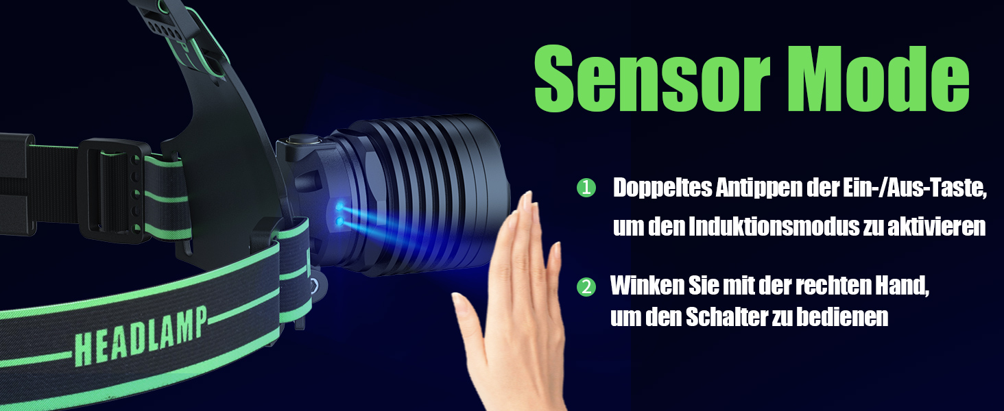 Кепка-ліхтар Sogdeco LED, перезарядна, 90000 люменів, 7800 mAh, 10 режимів, з датчиком та червоним світлом, водонепроникна IPX7, для кемпінгу, походів, риболовлі, зелений