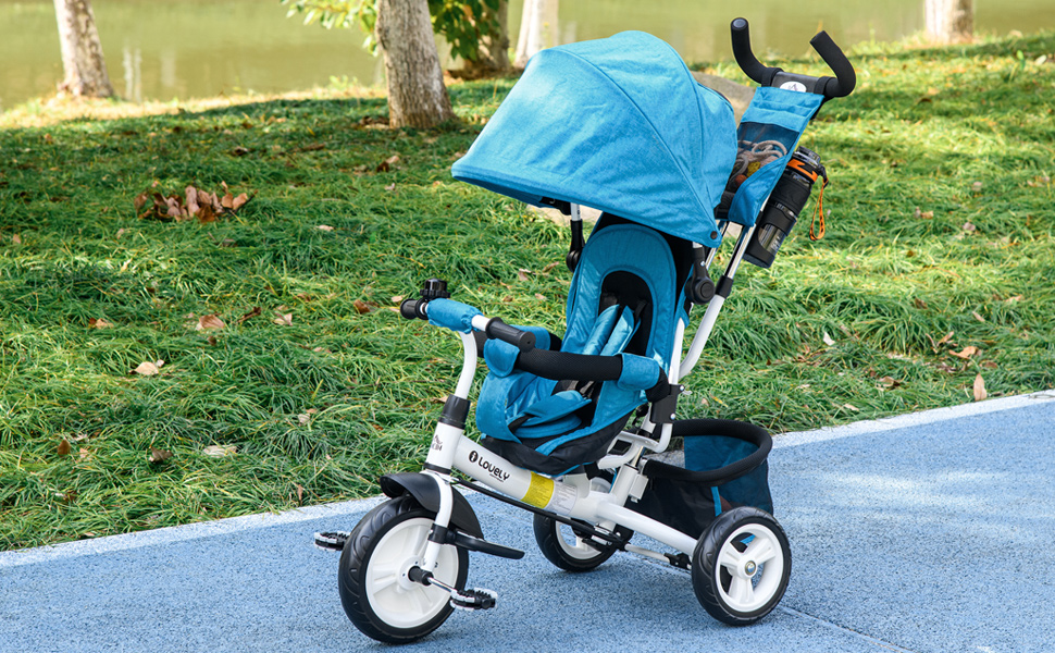 Триколісний велосипед HOMCOM 6-в-1 з батьківською ручкою для дітей 1-5 років (до 25 кг), з реверсом, кошиком, тримачем для пляшки та сонцезахисним дахом (блакитний)