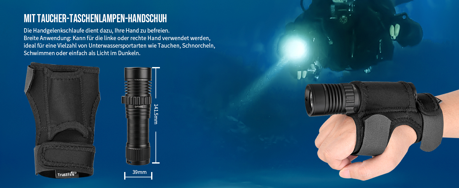 Ліхтар під водою Trustfire DF006, 2300 люмен, 100 метрів глибини, 3 режими, перезаряджається, з петлею, чорний