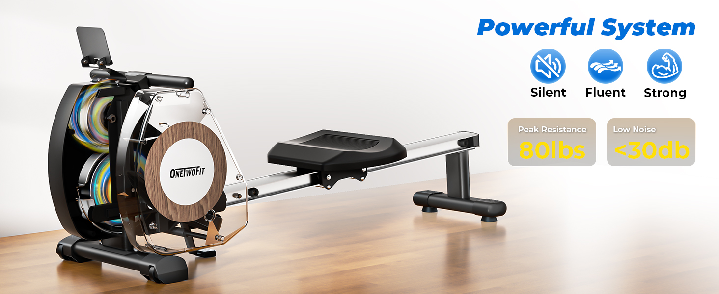Гребний тренажер ONETWOFIT складаний для дому Pro, 16 рівнів навантаження, кросстренажер до 160 кг, сумісний з додатком, чорний