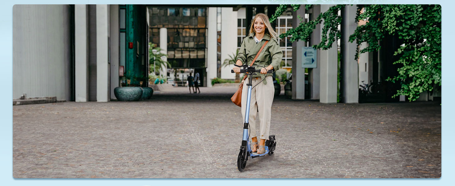 Дитячий складний самокат для дітей 8-15 років з великими колесами 200 мм, дисковими гальмами та регульованою висотою, синій