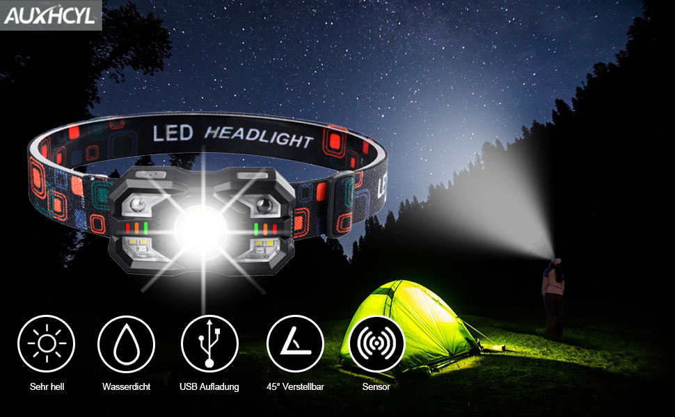 LED налобний ліхтар з перезарядкою, 2000 люмен, сенсор, 10 режимів, для кемпінгу, риболовлі, бігу, велосипеда, надзвичайних ситуацій