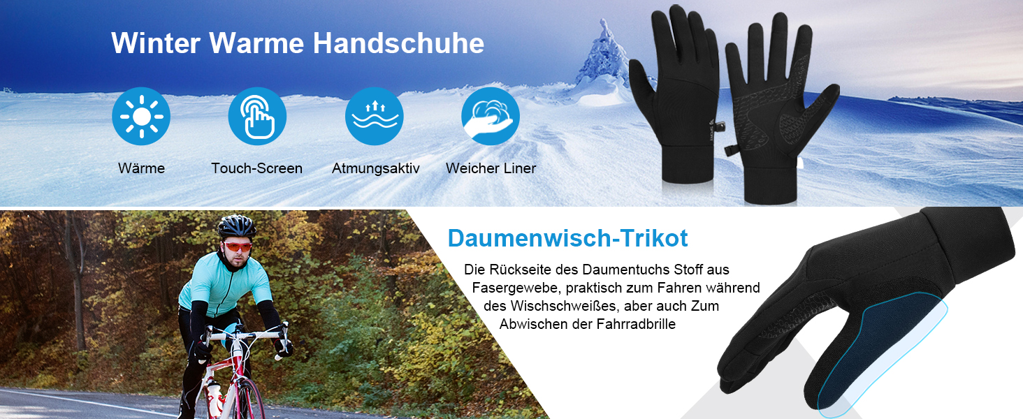 Велосипедні рукавички Anqier для чоловіків та жінок, зимові, з підтримкою сенсорного екрану, неслизькі, теплі, вітронепроникні для їзди на велосипеді, бігу, катання на лижах та водіння автомобіля