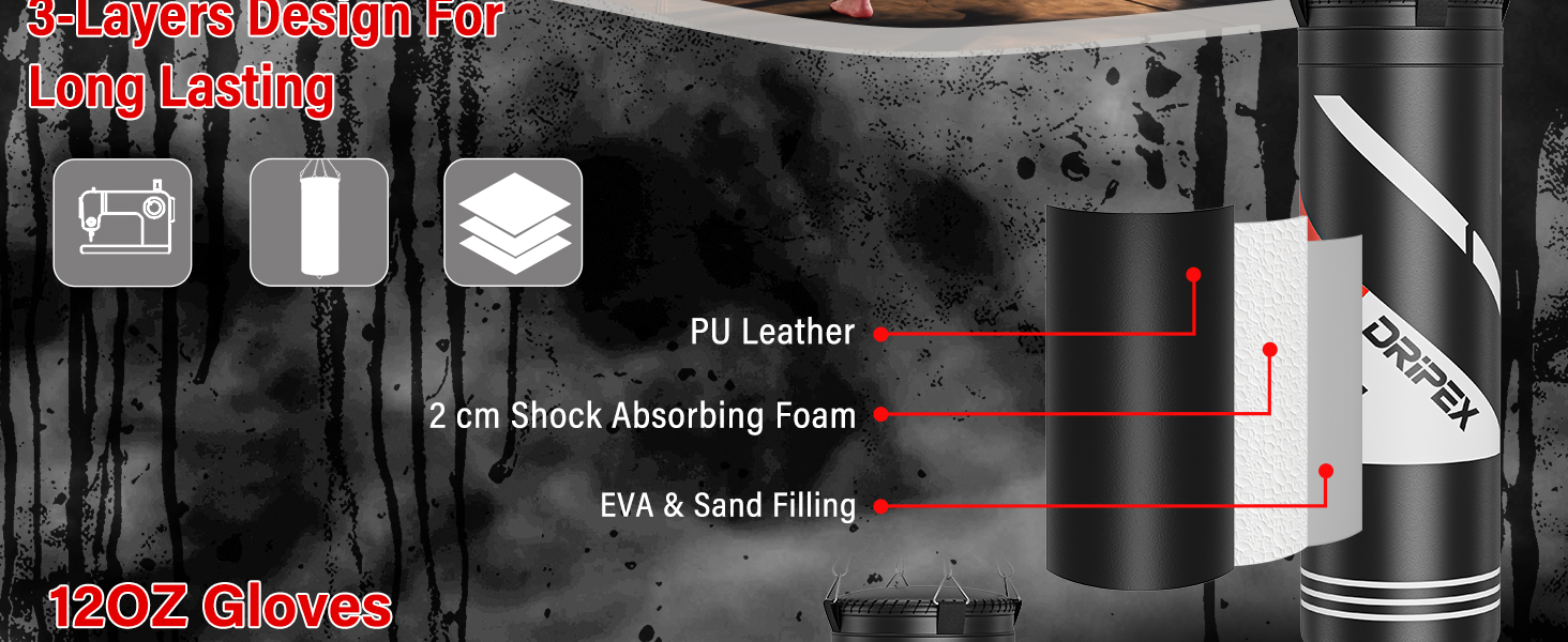 Боксерський мішок Dripex з наповнювачем, важкий підвісний боксерський мішок, комплект з міцним сталевим ланцюгом на 360° та боксерськими рукавичками для тренувань кікбоксингу, фітнесу, MMA