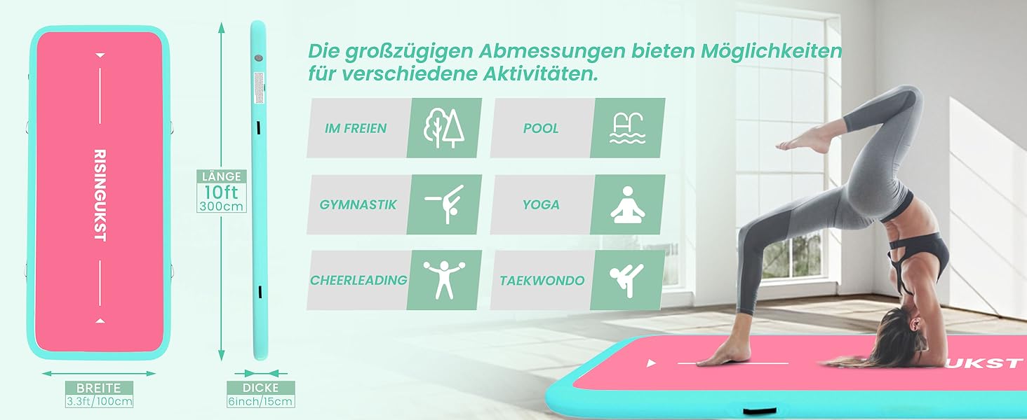 Гімнастичний надувний мат Air Matte Track, 300x100x15 см, зелено-рожевий, з насосом