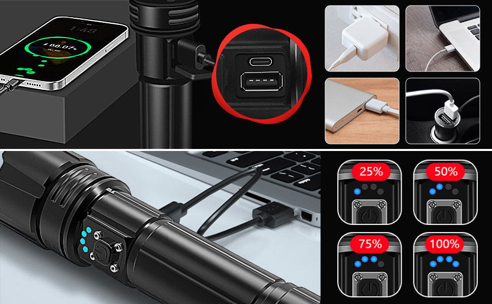 Ліхтар Shadowhawk 500000 Люмен: Тактичний ліхтар XHP70.2, USB, IP67, 5 режимів, з чохлом, чорний