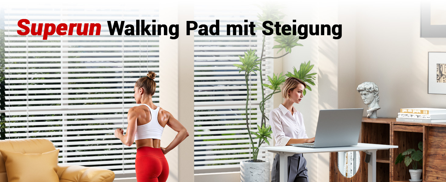 Walking Pad Superun з нахилом 6% – біговий доріжка для дому, максимальна швидкість 12 км/год, з додатком та пультом дистанційного керування. Робочий стіл, максимальне навантаження 136 кг, 90 см, колір Чорний.